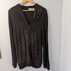 Chico’s Travelers Brown Zip Hoodie Jacket‎ Gold Scroll Print Size 3 (XL)